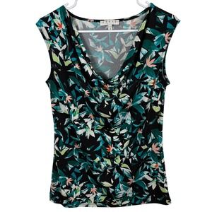 Chaus Sleeveless Top Size S Black Green Floral Cowl Neck Stretch Blouse Career